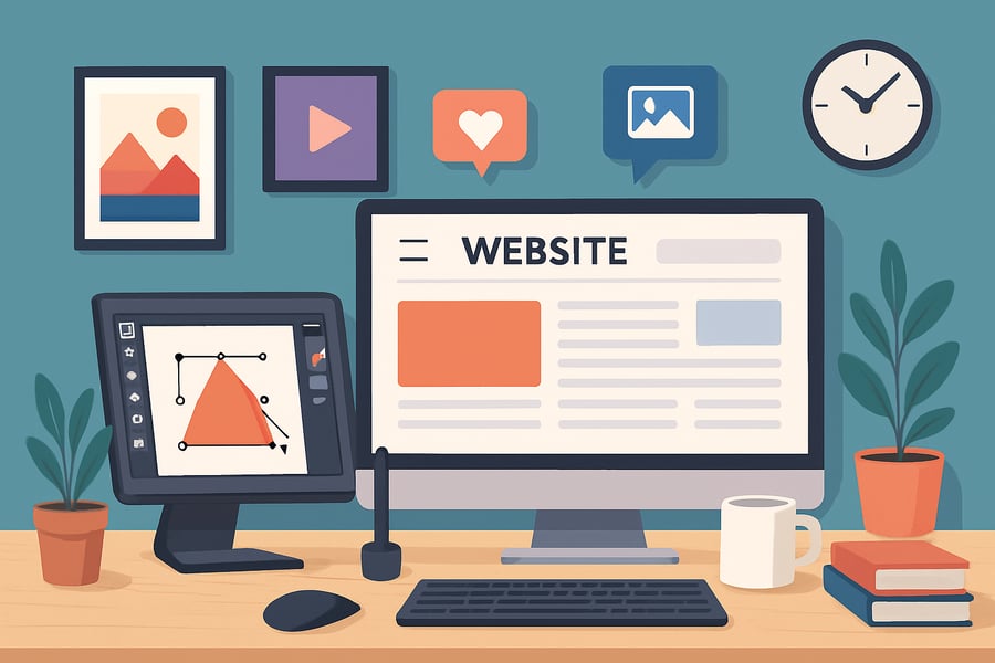 Modern digital creative workspace showcasing multimedia design and website setup